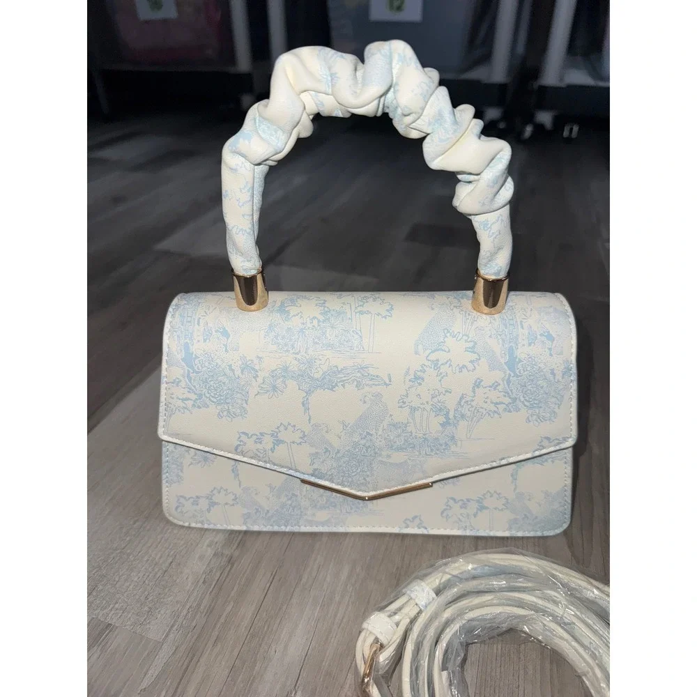 Aldo Top Handle Bag Women Cream Blue Toile De Jouy Ruched Handle Small OS